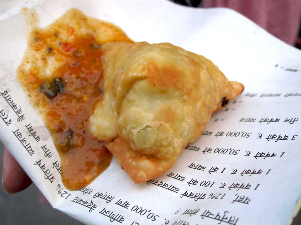 nepal vegetarian samosas from a street cart in Pokhara nepal