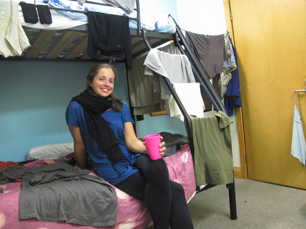 trying to dry laundry in private room at Wellywood hostel in Wellington, New Zealand