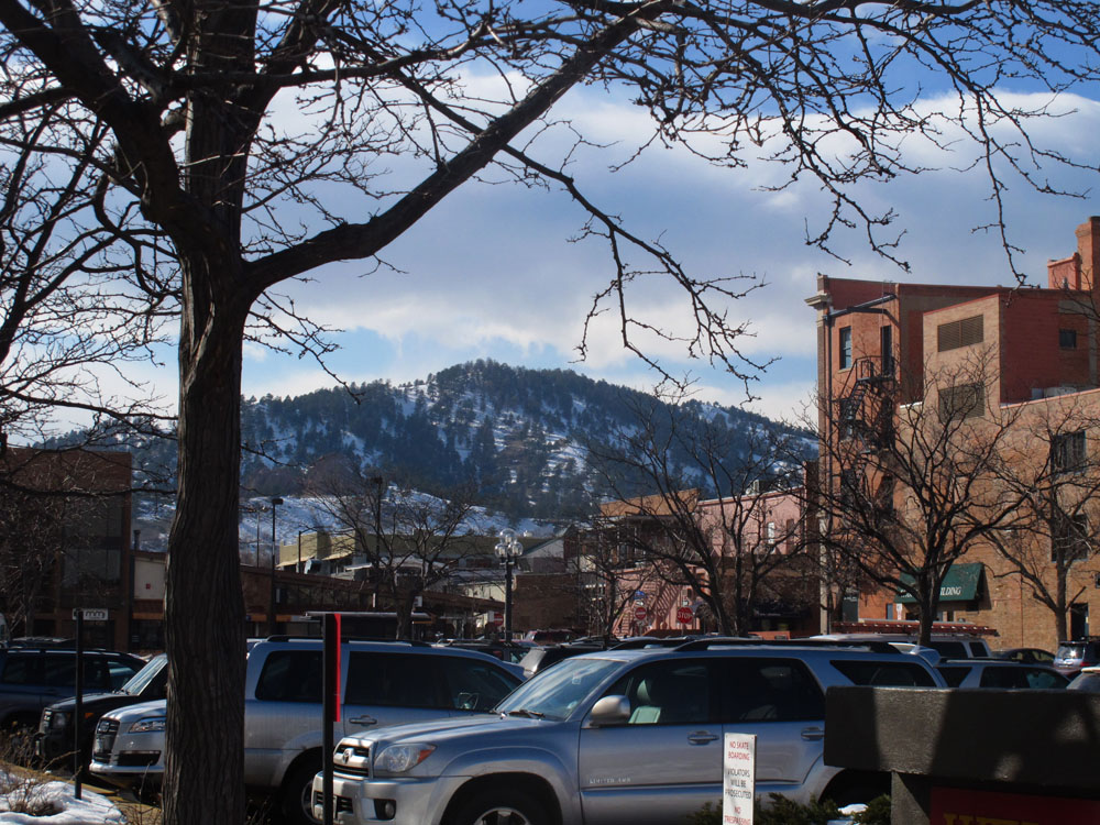 View of the Rockies from Pearl St in Boulder Colorado