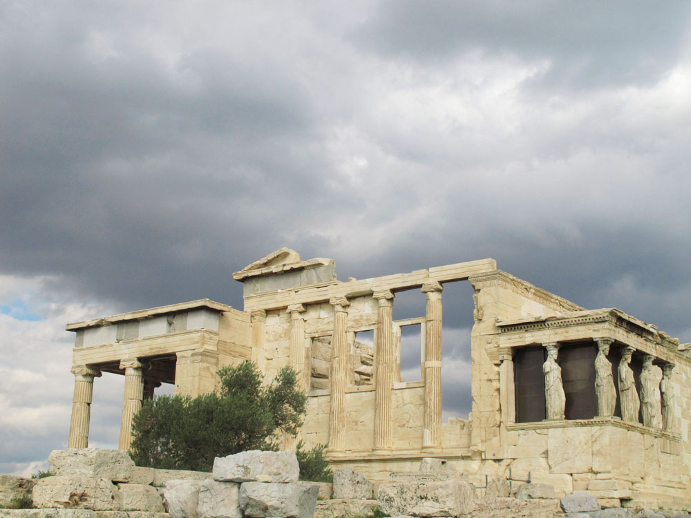 Temple of Athena on a stormy day in Athens Greece