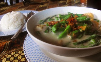 Javanese tofu and long bean coconut curry with fried shallots and rice in Yogyakarta Java