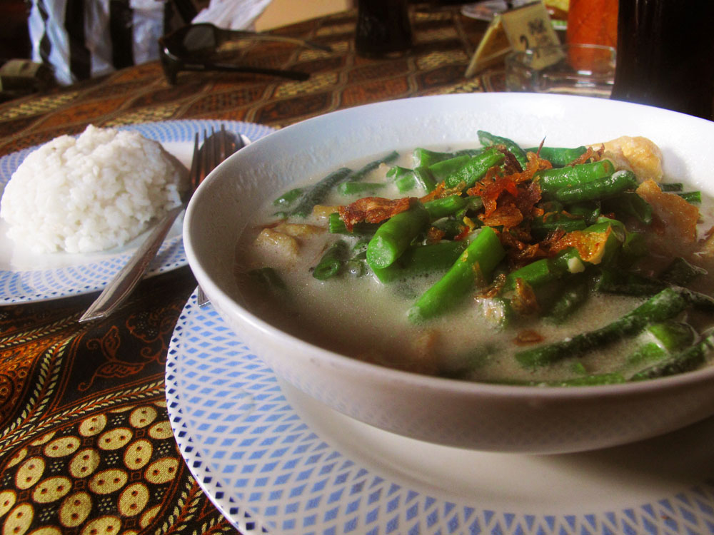 Javanese tofu and long bean coconut curry with fried shallots and rice in Yogyakarta Java