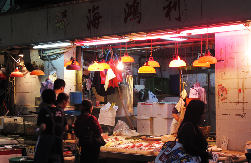 Fish market at nighttime in Hong Kong
