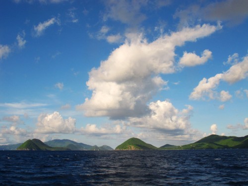 Sailing between Virgin Islands - views of St John and Tortola of the BVI