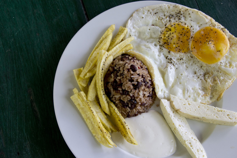 Nicaraguan breakfast - gallo pinto with eggs, cheese, and plantains | Ometepe, Nicaragua