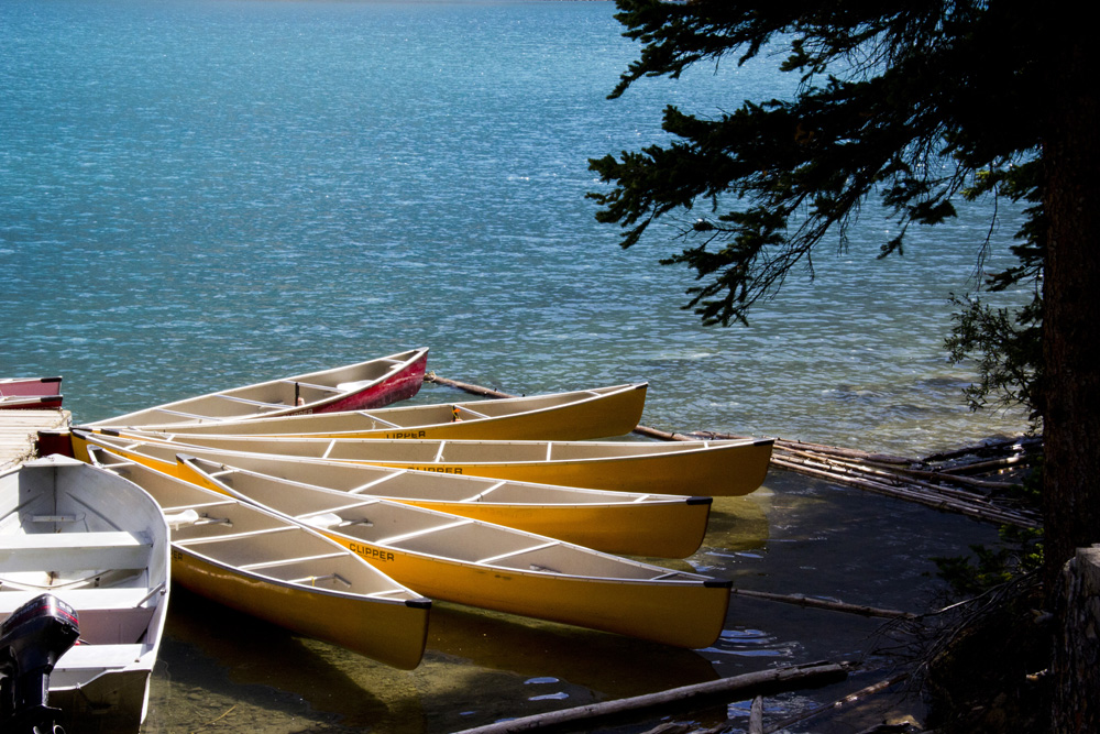 Rainbow canoes for rent at Lake Morraine | Banff, Canada