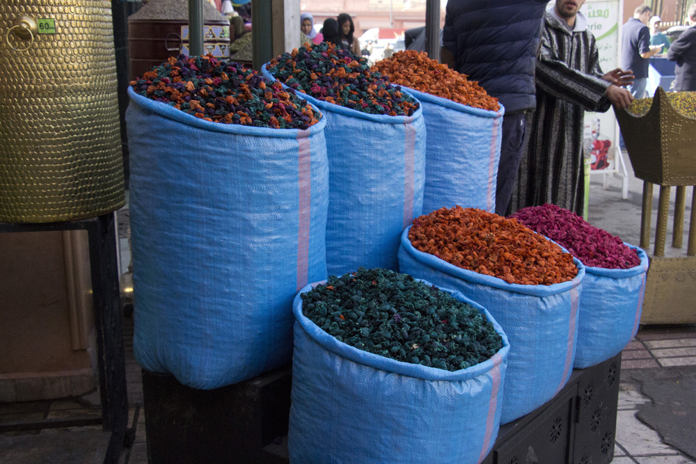 Bright blue bags of spices | Marrakech, Morocco