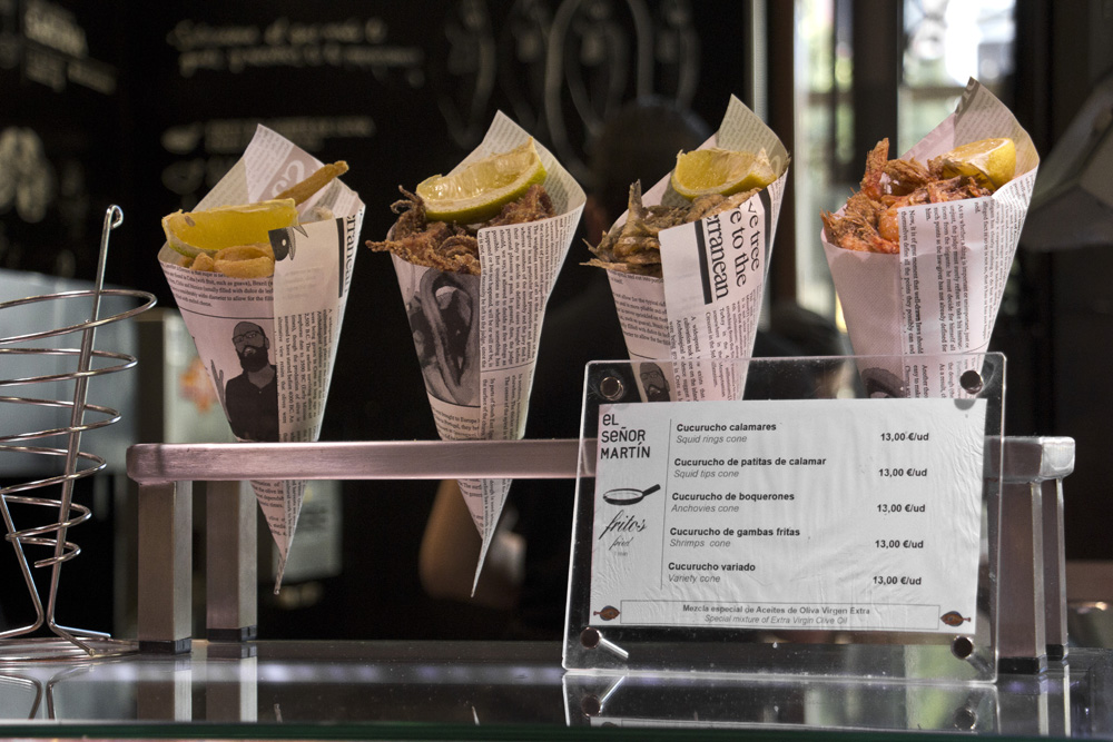 Fried seafood cones at Mercado San Miguel | Madrid, Spain