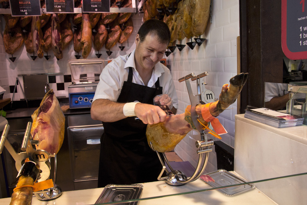 Shaving Jamon berico | San Miguel market, Madrid, Spain