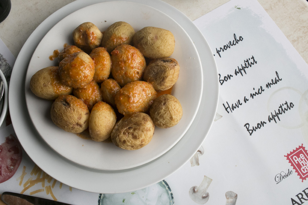 Wrinkled potatoes with red mojo at Restaurante Mallow in Santa Brigida | Gran Canaria, Spain