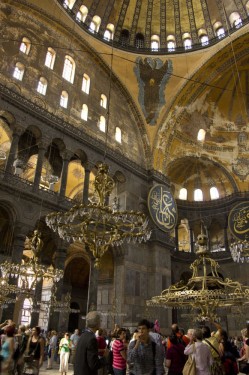 Wandering below the chandeliers in Aya Sofya, Istanbul
