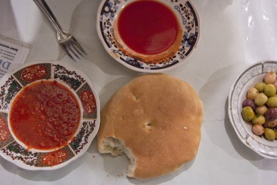 Pepper sauce, bread, and olives in Djemaa El Fna | Marrakech, Morocco