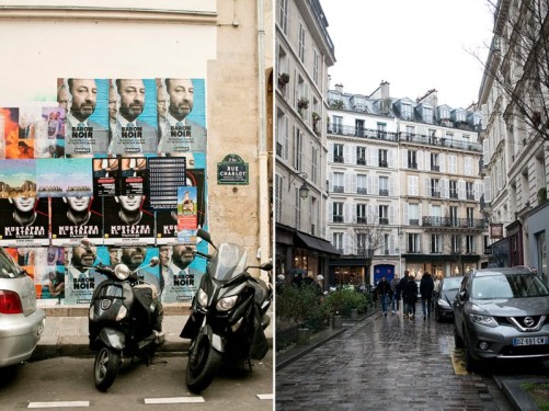 Ad collage and rainy cobblestone in the Marais | Paris, France
